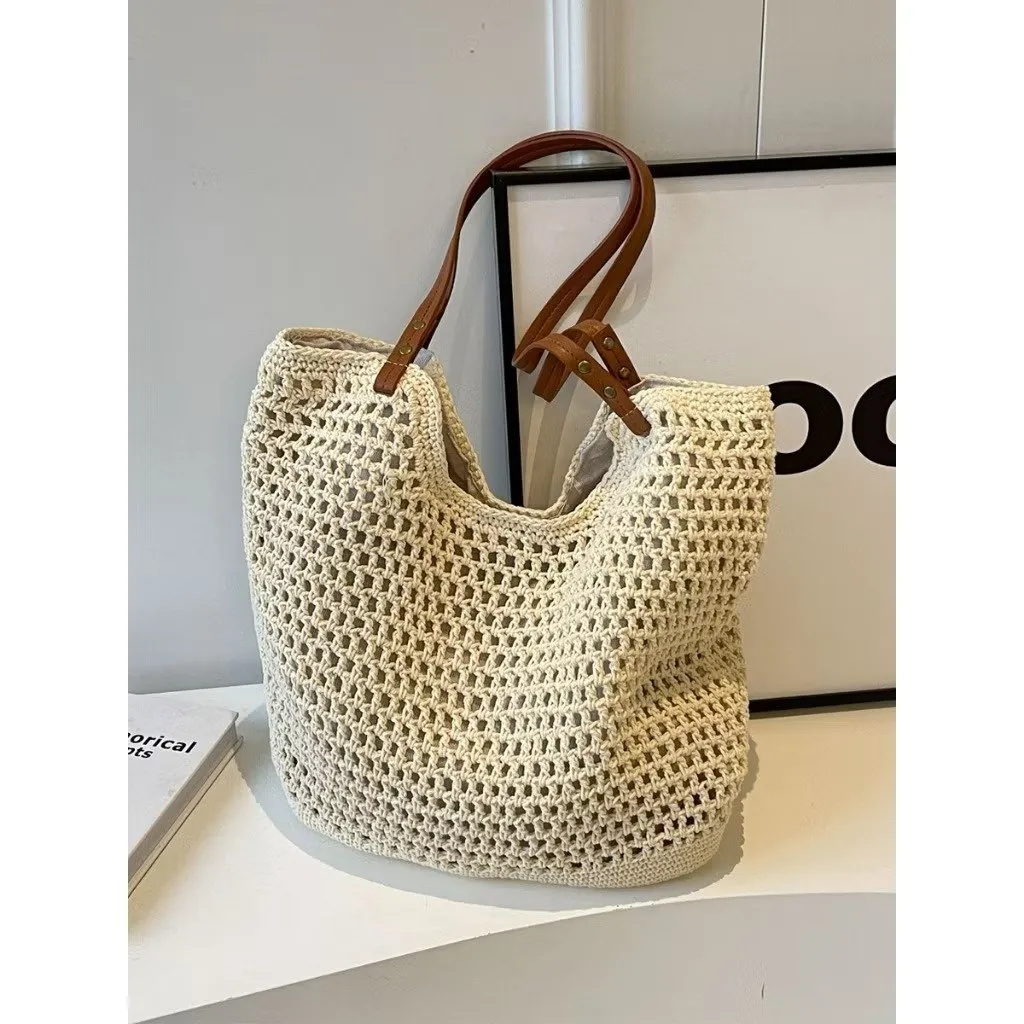 Crochet Hobo Bag — open weave with leather straps